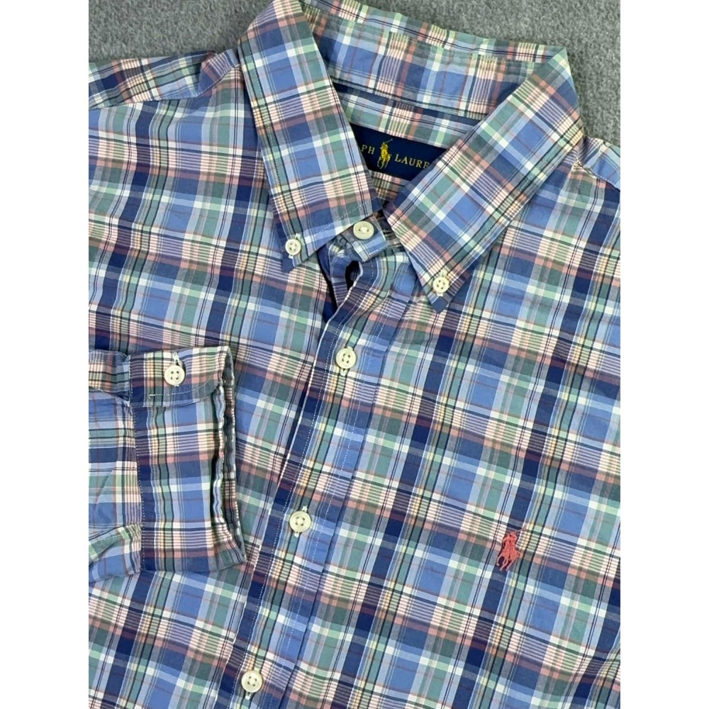 Ralph Lauren Shirt Mens Large Blue‎ Plaid Pink Pony Button Down Collar Preppy